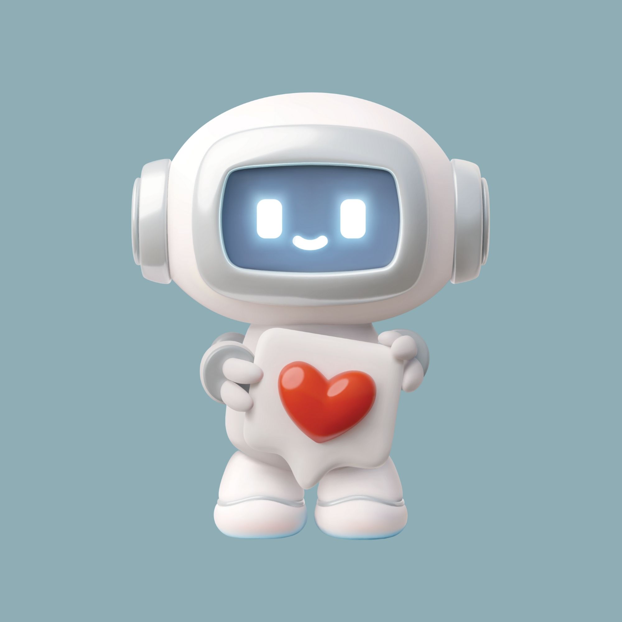 Un simpatico robot sorridente tiene un cuore rosso, trasmettendo gioia e affetto.
